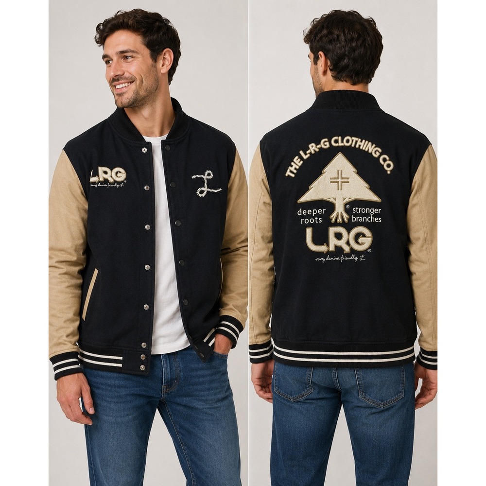 LRG Mens XXL Black Tan Deeper Roots Varsity Jacket Embroidered Streetwear Y2K